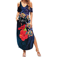 Pasifika Festival Family Matching Summer Maxi Dress and Hawaiian Shirt Plumeria Turtles with Hibiscus - Polynesian Art Tattoo Dark Navy Color LT03 Mom's Dress Dark Navy - Polynesian Pride