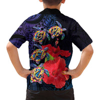 Pasifika Festival Family Matching Tank Maxi Dress and Hawaiian Shirt Plumeria Turtles with Hibiscus - Polynesian Art Tattoo Dark Navy Color LT03 - Polynesian Pride