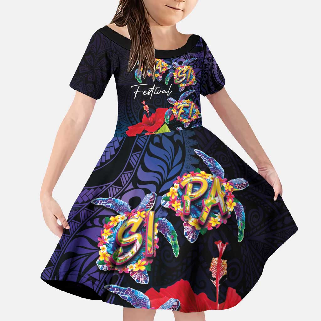 Pasifika Festival Family Matching Tank Maxi Dress and Hawaiian Shirt Plumeria Turtles with Hibiscus - Polynesian Art Tattoo Dark Navy Color LT03 Daughter's Dress Dark Navy - Polynesian Pride