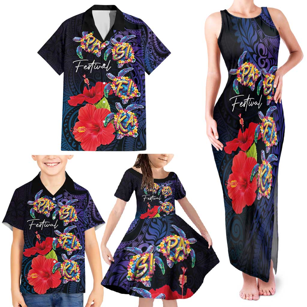 Pasifika Festival Family Matching Tank Maxi Dress and Hawaiian Shirt Plumeria Turtles with Hibiscus - Polynesian Art Tattoo Dark Navy Color LT03 - Polynesian Pride