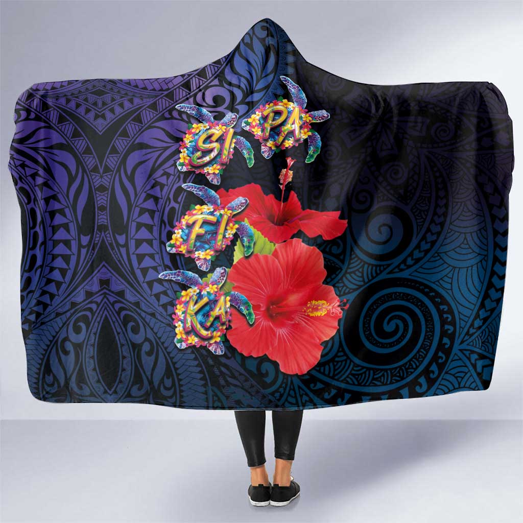Pasifika Festival Hooded Blanket Plumeria Turtles with Hibiscus - Polynesian Art Tattoo Dark Navy Color