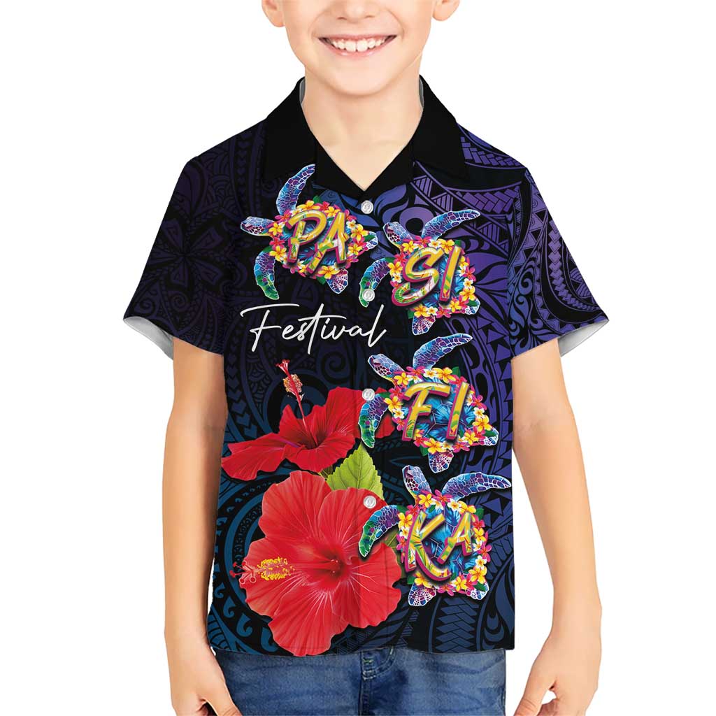 Pasifika Festival Kid Hawaiian Shirt Plumeria Turtles with Hibiscus - Polynesian Art Tattoo Dark Navy Color LT03 Kid Dark Navy - Polynesian Pride