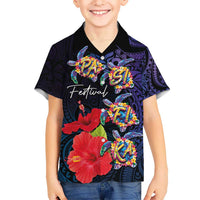 Pasifika Festival Kid Hawaiian Shirt Plumeria Turtles with Hibiscus - Polynesian Art Tattoo Dark Navy Color LT03 Kid Dark Navy - Polynesian Pride