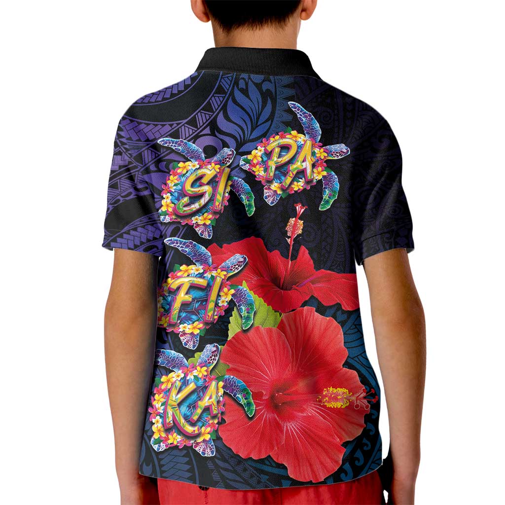 Pasifika Festival Kid Polo Shirt Plumeria Turtles with Hibiscus - Polynesian Art Tattoo Dark Navy Color LT03 - Polynesian Pride