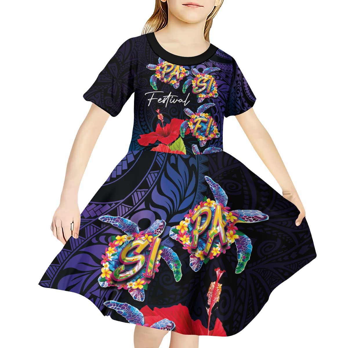 Pasifika Festival Kid Short Sleeve Dress Plumeria Turtles with Hibiscus - Polynesian Art Tattoo Dark Navy Color