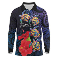 Pasifika Festival Long Sleeve Polo Shirt Plumeria Turtles with Hibiscus - Polynesian Art Tattoo Dark Navy Color LT03 Dark Navy - Polynesian Pride