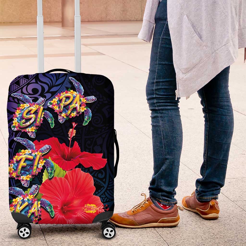 Pasifika Festival Luggage Cover Plumeria Turtles with Hibiscus - Polynesian Art Tattoo Dark Navy Color