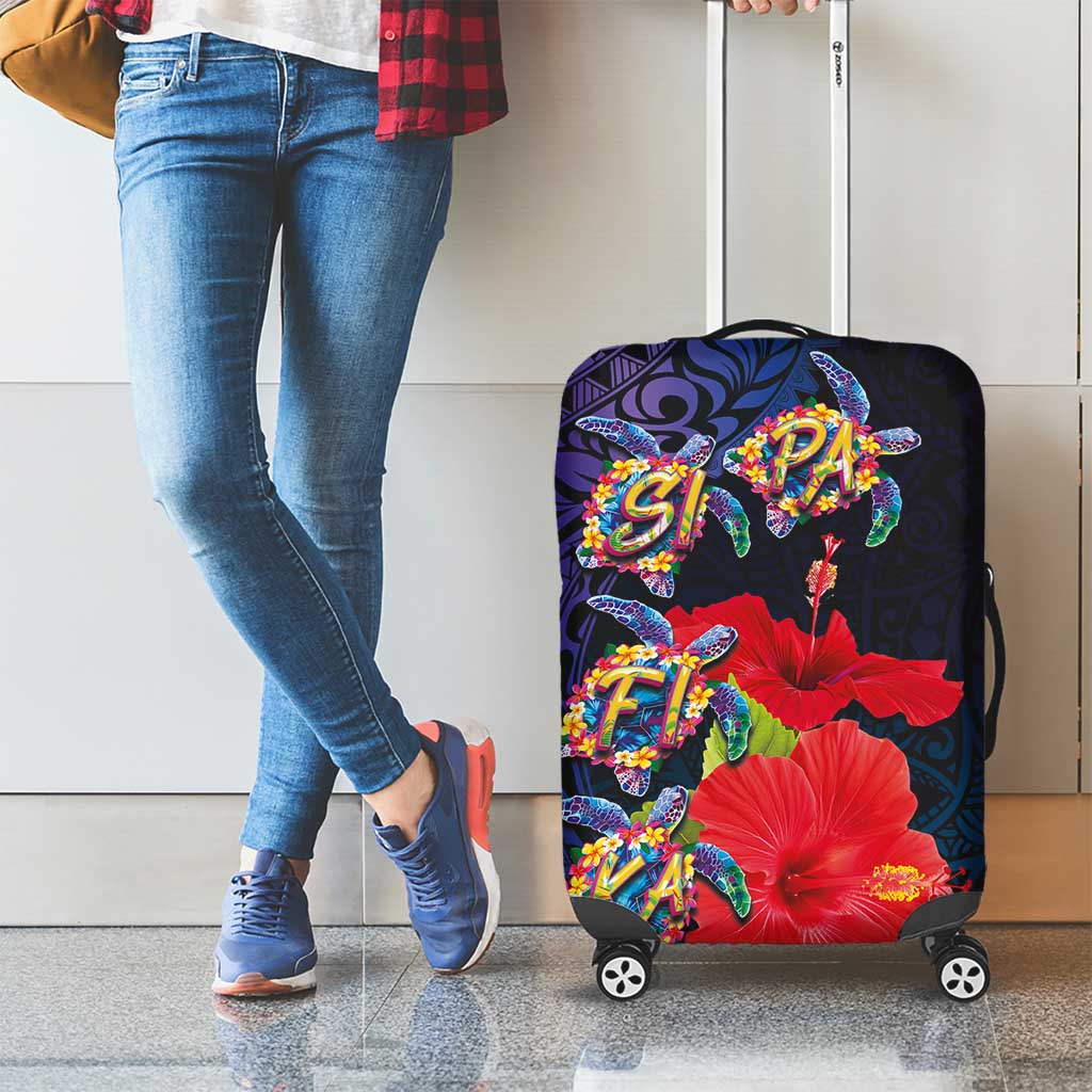 Pasifika Festival Luggage Cover Plumeria Turtles with Hibiscus - Polynesian Art Tattoo Dark Navy Color