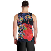 Pasifika Festival Men Tank Top Plumeria Turtles with Hibiscus - Polynesian Art Tattoo Dark Navy Color