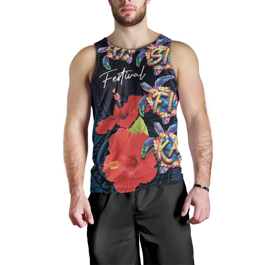Pasifika Festival Men Tank Top Plumeria Turtles with Hibiscus - Polynesian Art Tattoo Dark Navy Color