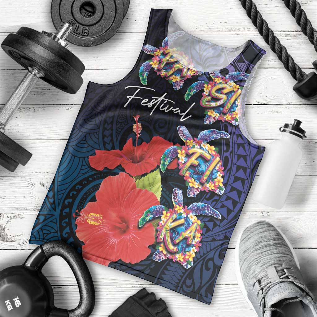 Pasifika Festival Men Tank Top Plumeria Turtles with Hibiscus - Polynesian Art Tattoo Dark Navy Color