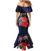 Pasifika Festival Mermaid Dress Plumeria Turtles with Hibiscus - Polynesian Art Tattoo Dark Navy Color