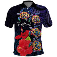 Pasifika Festival Polo Shirt Plumeria Turtles with Hibiscus - Polynesian Art Tattoo Dark Navy Color