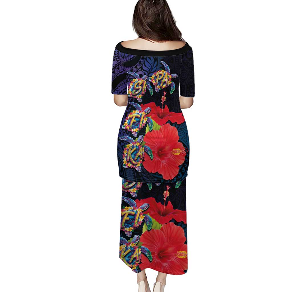 Pasifika Festival Puletasi Plumeria Turtles with Hibiscus - Polynesian Art Tattoo Dark Navy Color