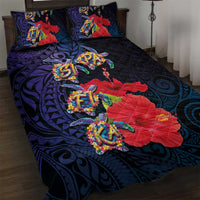 Pasifika Festival Quilt Bed Set Plumeria Turtles with Hibiscus - Polynesian Art Tattoo Dark Navy Color