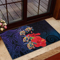 Pasifika Festival Rubber Doormat Plumeria Turtles with Hibiscus - Polynesian Art Tattoo Dark Navy Color LT03 - Polynesian Pride