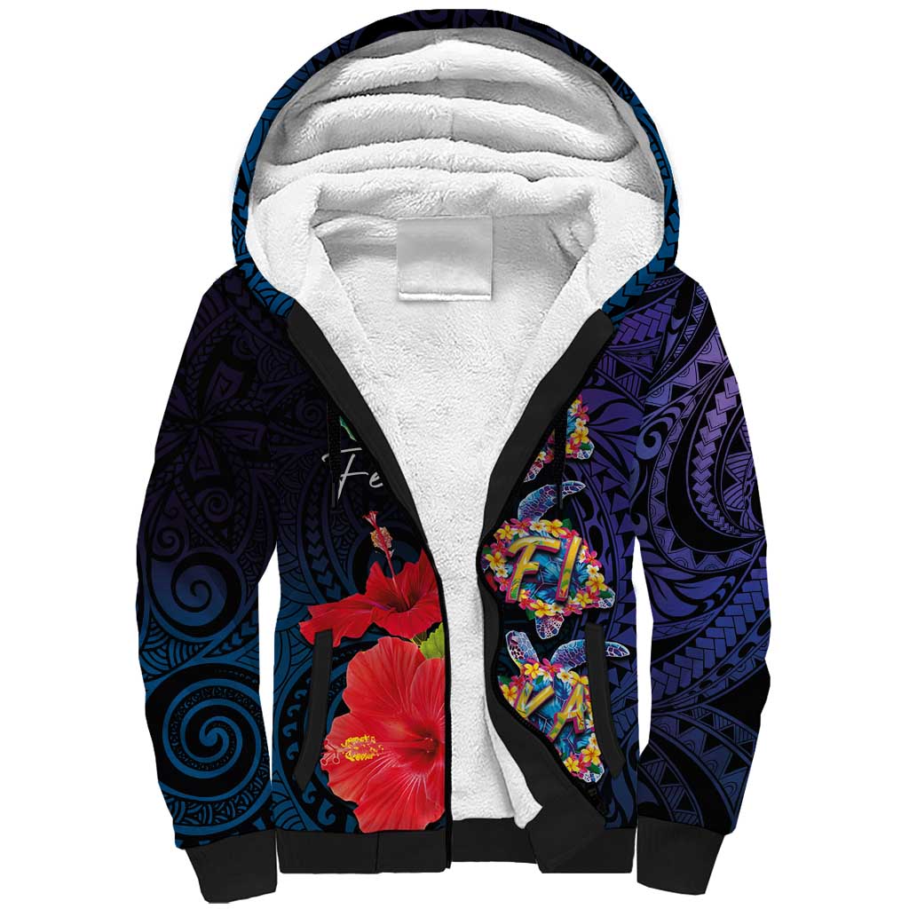 Pasifika Festival Sherpa Hoodie Plumeria Turtles with Hibiscus - Polynesian Art Tattoo Dark Navy Color