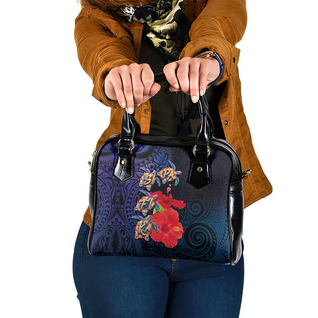 Pasifika Festival Shoulder Handbag Plumeria Turtles with Hibiscus - Polynesian Art Tattoo Dark Navy Color