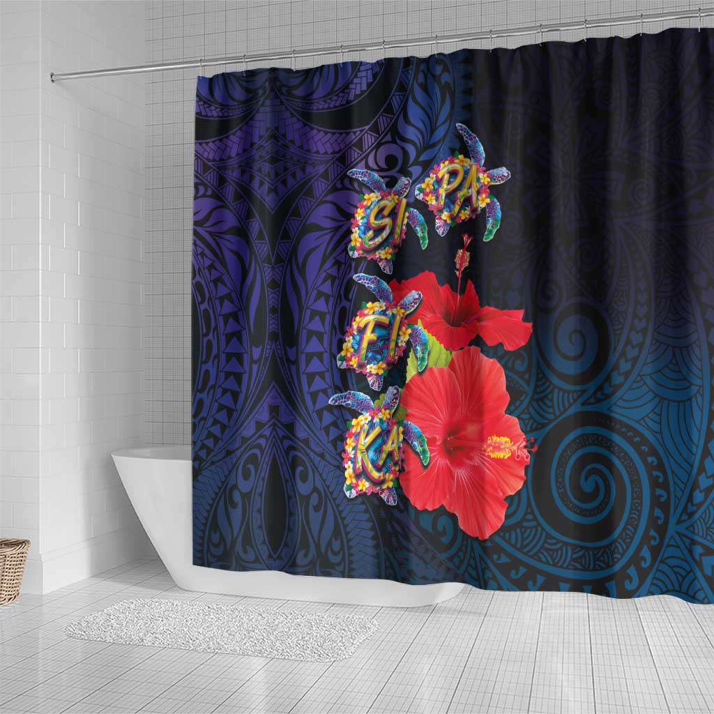 Pasifika Festival Shower Curtain Plumeria Turtles with Hibiscus - Polynesian Art Tattoo Dark Navy Color