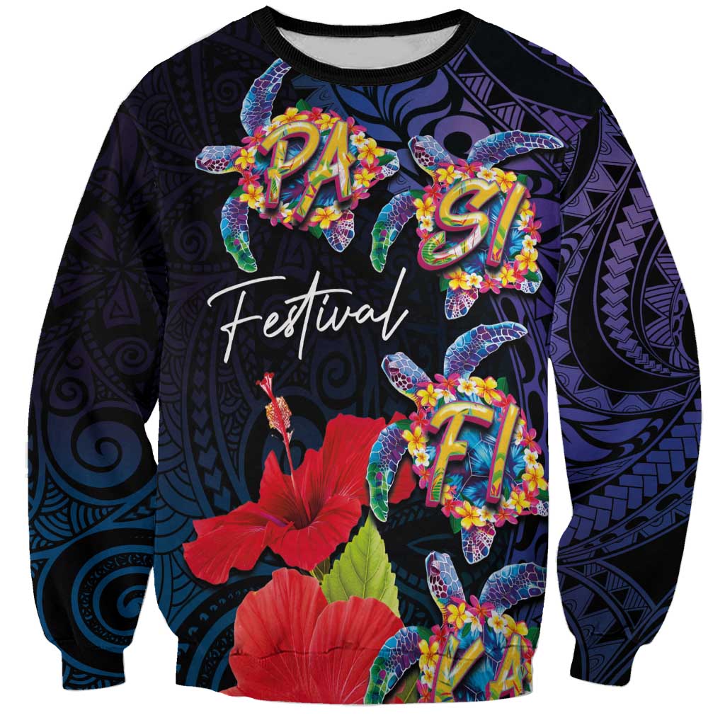 Pasifika Festival Sweatshirt Plumeria Turtles with Hibiscus - Polynesian Art Tattoo Dark Navy Color LT03 Unisex Dark Navy - Polynesian Pride