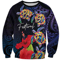 Pasifika Festival Sweatshirt Plumeria Turtles with Hibiscus - Polynesian Art Tattoo Dark Navy Color LT03 Unisex Dark Navy - Polynesian Pride