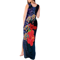 Pasifika Festival Tank Maxi Dress Plumeria Turtles with Hibiscus - Polynesian Art Tattoo Dark Navy Color