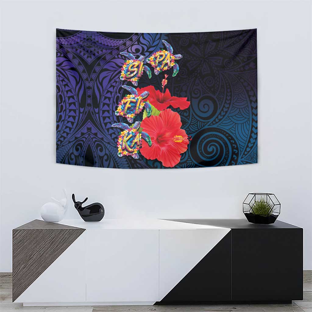 Pasifika Festival Tapestry Plumeria Turtles with Hibiscus - Polynesian Art Tattoo Dark Navy Color