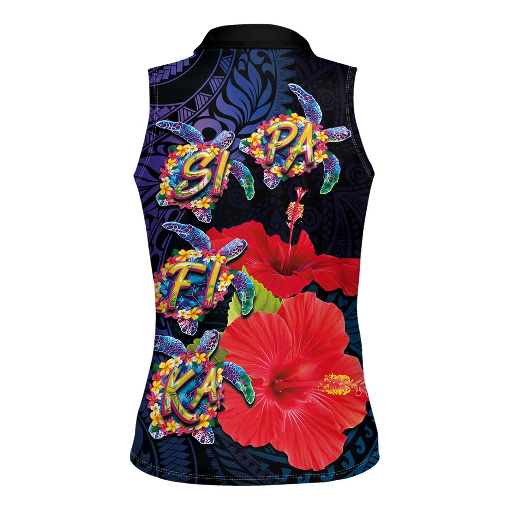 Pasifika Festival Women Sleeveless Polo Shirt Plumeria Turtles with Hibiscus - Polynesian Art Tattoo Dark Navy Color LT03 - Polynesian Pride