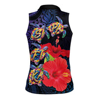 Pasifika Festival Women Sleeveless Polo Shirt Plumeria Turtles with Hibiscus - Polynesian Art Tattoo Dark Navy Color LT03 - Polynesian Pride