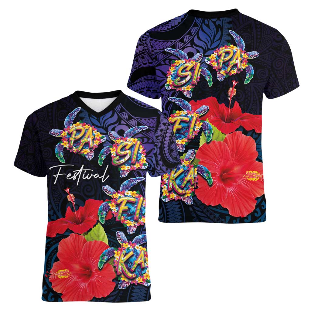 Pasifika Festival Women V-Neck T-Shirt Plumeria Turtles with Hibiscus - Polynesian Art Tattoo Dark Navy Color LT03 - Polynesian Pride
