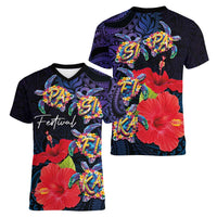 Pasifika Festival Women V-Neck T-Shirt Plumeria Turtles with Hibiscus - Polynesian Art Tattoo Dark Navy Color LT03 - Polynesian Pride