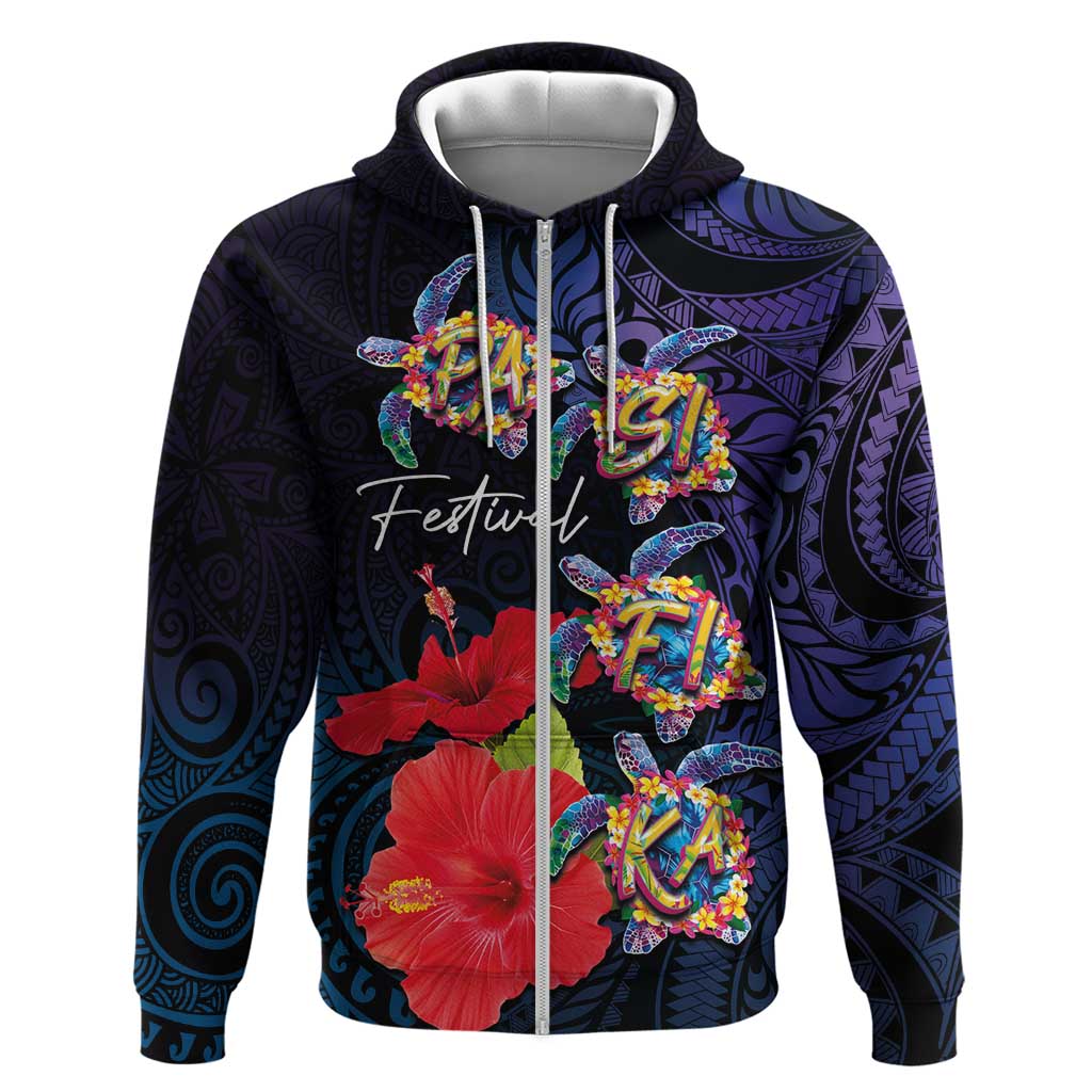 Pasifika Festival Zip Hoodie Plumeria Turtles with Hibiscus - Polynesian Art Tattoo Dark Navy Color