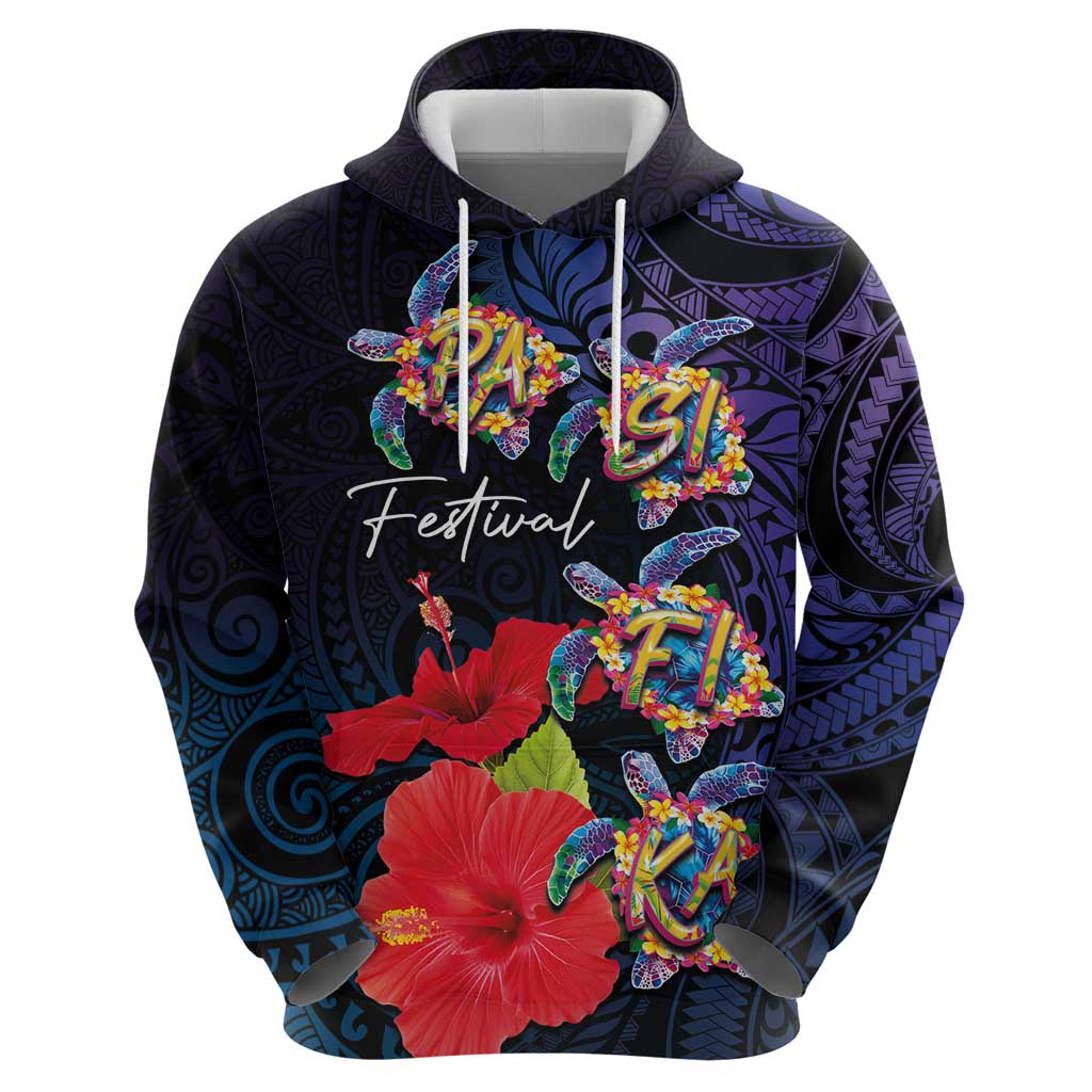 Pasifika Festival Zip Hoodie Plumeria Turtles with Hibiscus - Polynesian Art Tattoo Dark Navy Color