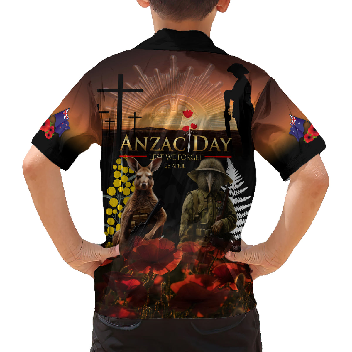 New Zealand and Australia ANZAC Day Kid Hawaiian Shirt Kiwi Bird and Kangaroo Soldier LT03 - Polynesian Pride