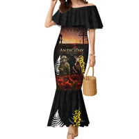 New Zealand and Australia ANZAC Day Mermaid Dress Kiwi Bird and Kangaroo Soldier LT03 Women Black - Polynesian Pride