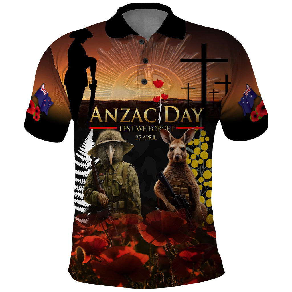 New Zealand and Australia ANZAC Day Polo Shirt Kiwi Bird and Kangaroo Soldier LT03 Black - Polynesian Pride