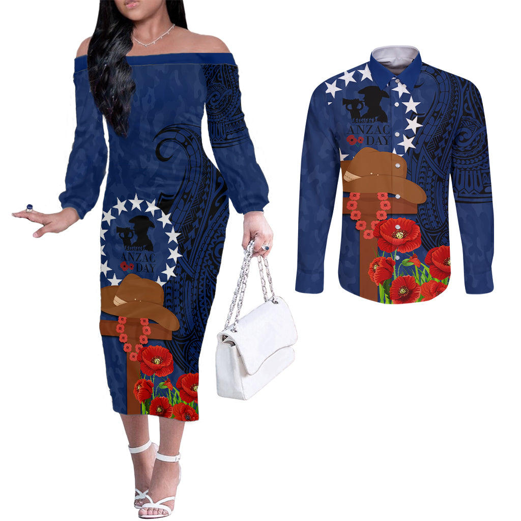 Cook Island ANZAC Day Couples Matching Off The Shoulder Long Sleeve Dress and Long Sleeve Button Shirt Soldier Paying Respect We Shall Remember Them LT03 Blue - Polynesian Pride