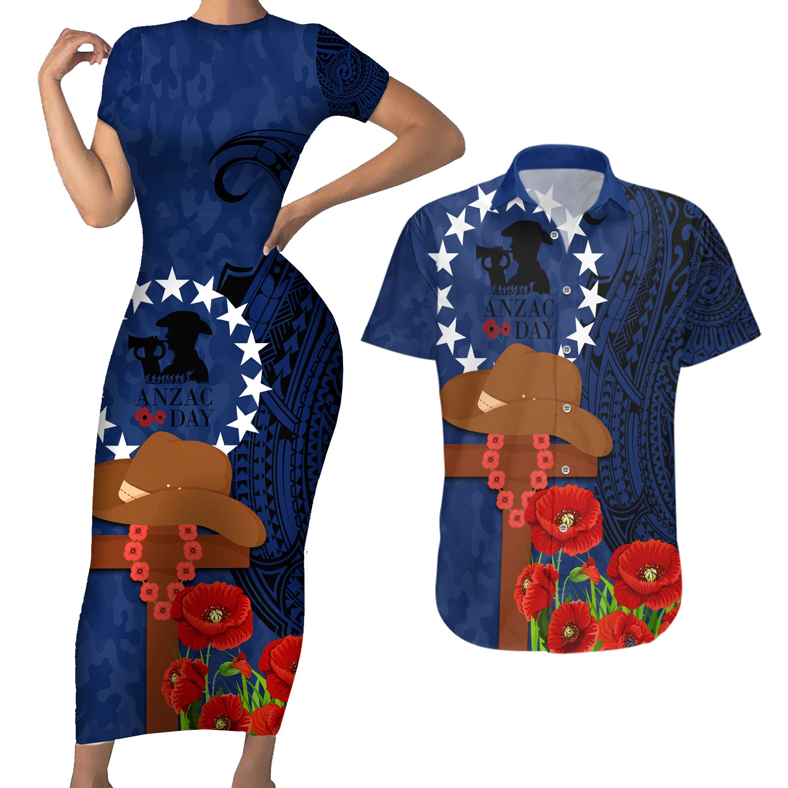 Cook Island ANZAC Day Couples Matching Short Sleeve Bodycon Dress and Hawaiian Shirt Soldier Paying Respect We Shall Remember Them LT03 Blue - Polynesian Pride