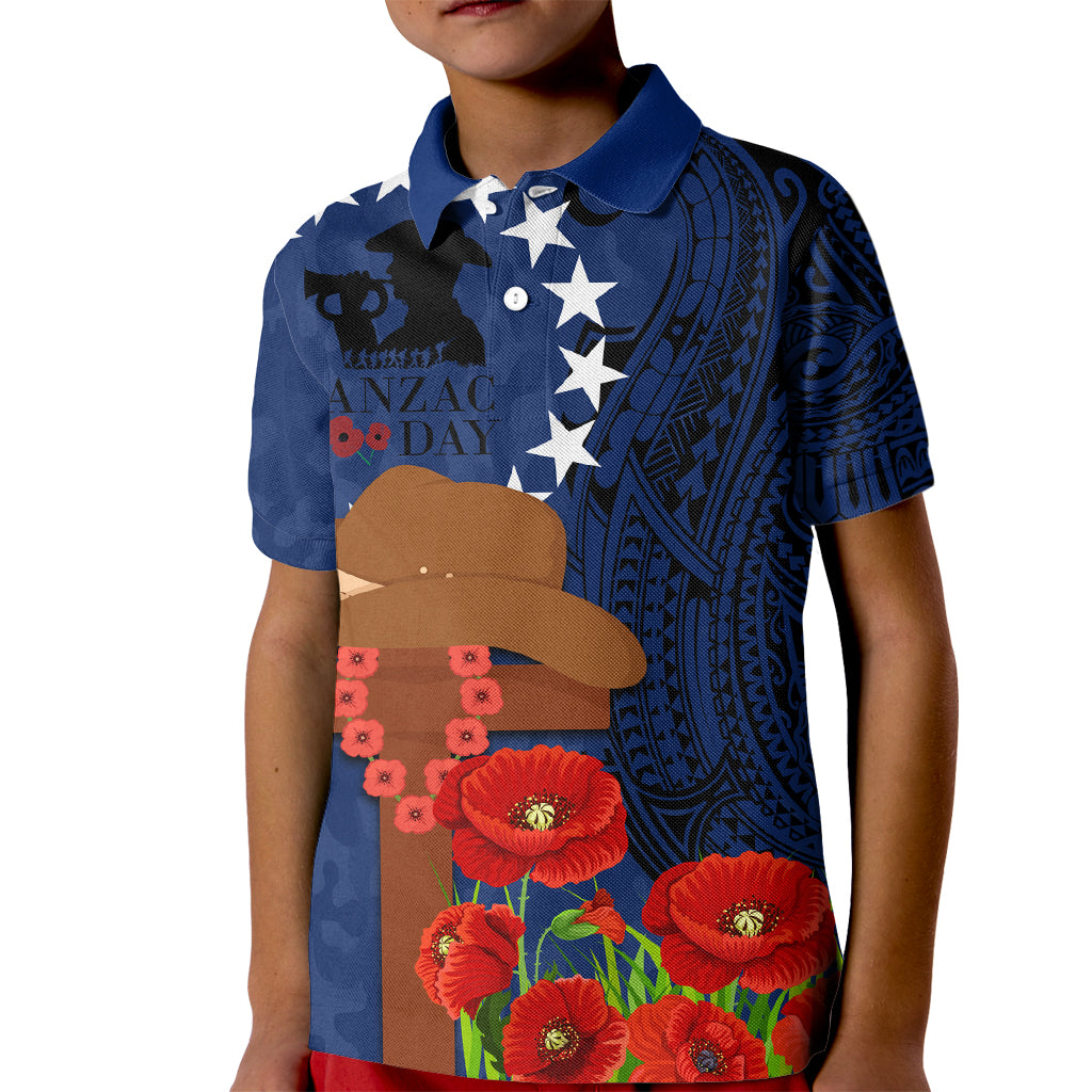 Cook Island ANZAC Day Kid Polo Shirt Soldier Paying Respect We Shall Remember Them LT03 Kid Blue - Polynesian Pride