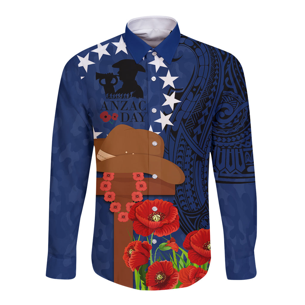 Cook Island ANZAC Day Long Sleeve Button Shirt Soldier Paying Respect We Shall Remember Them LT03 Unisex Blue - Polynesian Pride