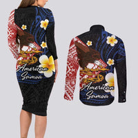 American Samoa Flag Day Couples Matching Long Sleeve Bodycon Dress and Long Sleeve Button Shirt Polynesian Tatau Art and Plumeria
