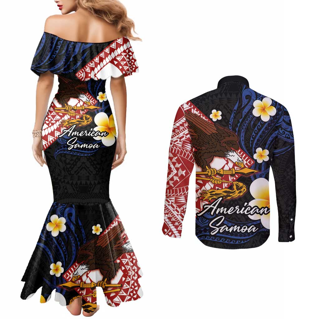 American Samoa Flag Day Couples Matching Mermaid Dress and Long Sleeve Button Shirt Polynesian Tatau Art and Plumeria