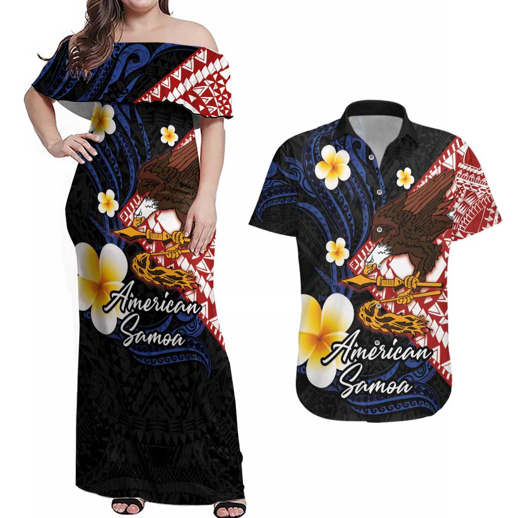American Samoa Flag Day Couples Matching Off Shoulder Maxi Dress and Hawaiian Shirt Polynesian Tatau Art and Plumeria
