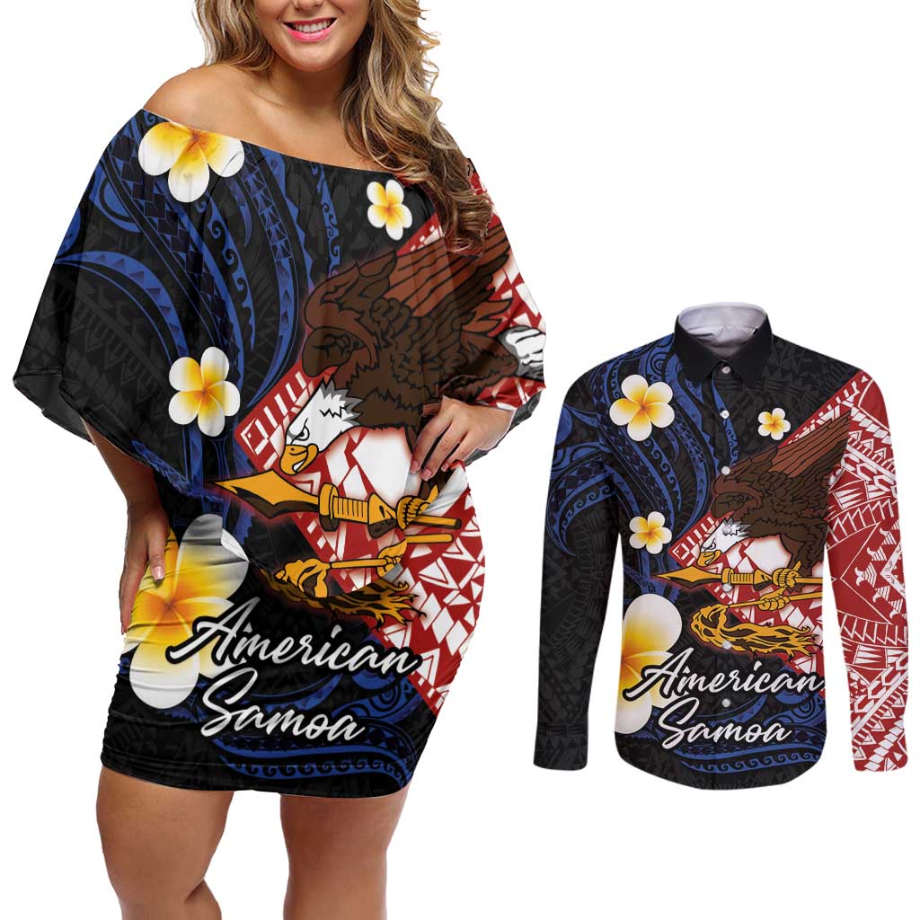 American Samoa Flag Day Couples Matching Off Shoulder Short Dress and Long Sleeve Button Shirt Polynesian Tatau Art and Plumeria