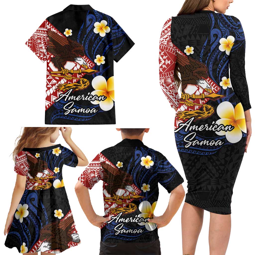 American Samoa Flag Day Family Matching Long Sleeve Bodycon Dress and Hawaiian Shirt Polynesian Tatau Art and Plumeria