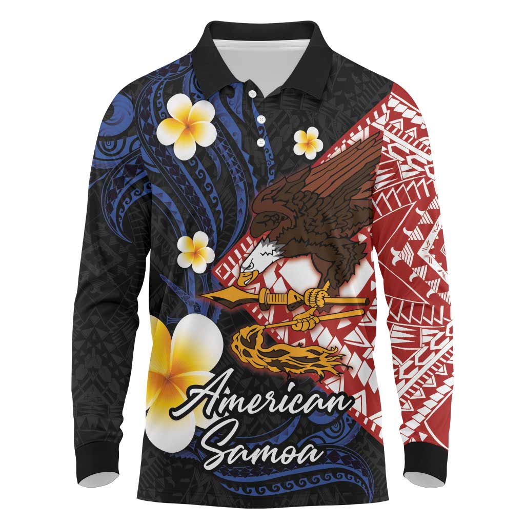 American Samoa Flag Day Long Sleeve Polo Shirt Polynesian Tatau Art and Plumeria