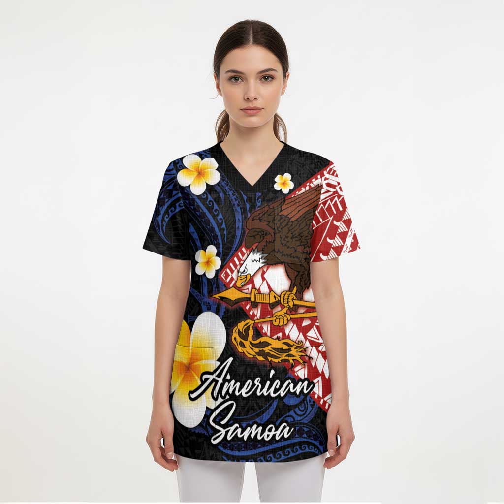 American Samoa Flag Day Scrub Top Polynesian Tatau Art and Plumeria - Polynesian Pride