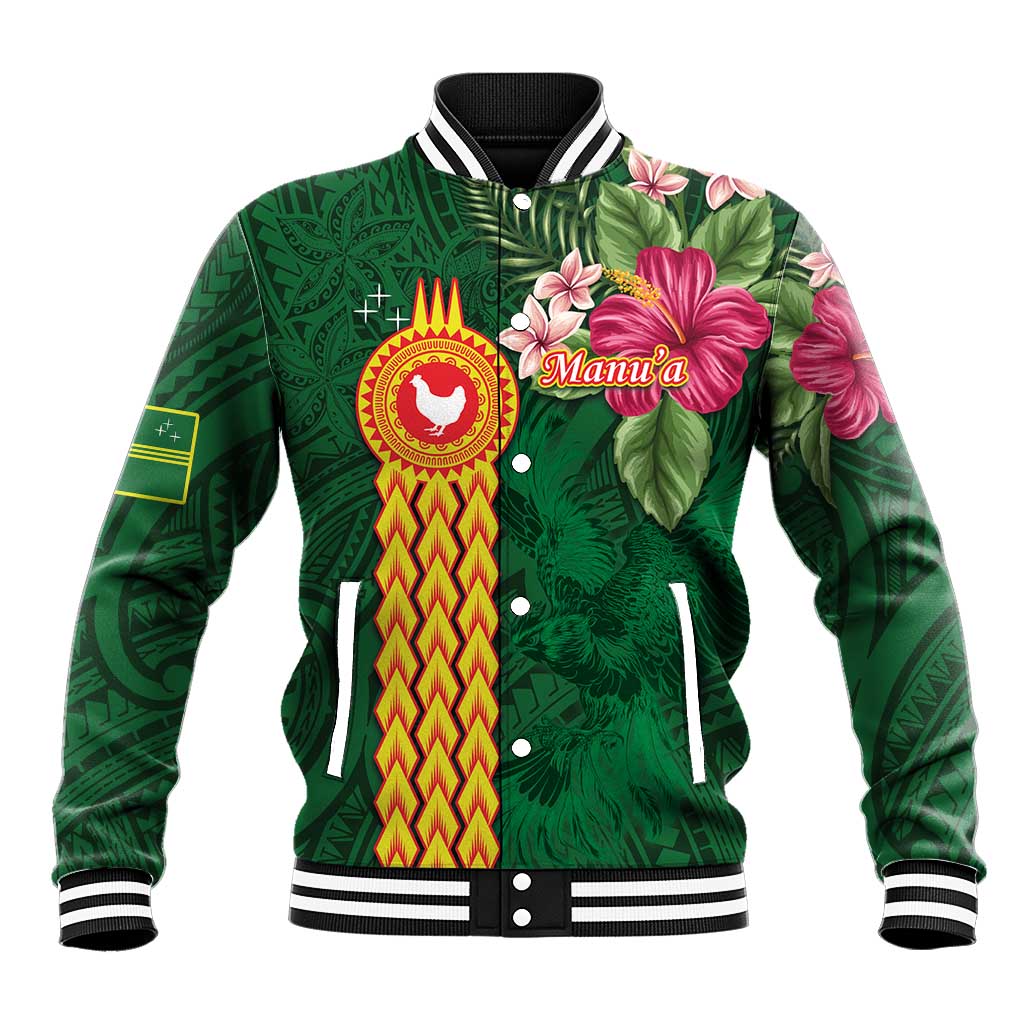 Personalised Manuʻa Islands Baseball Jacket Polynesian Style with Rooster Tattoo and Tropical Plants LT03 Unisex Green - Polynesian Pride