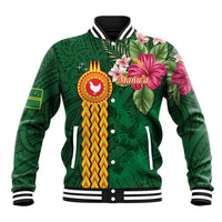 Personalised Manuʻa Islands Baseball Jacket Polynesian Style with Rooster Tattoo and Tropical Plants LT03 Unisex Green - Polynesian Pride