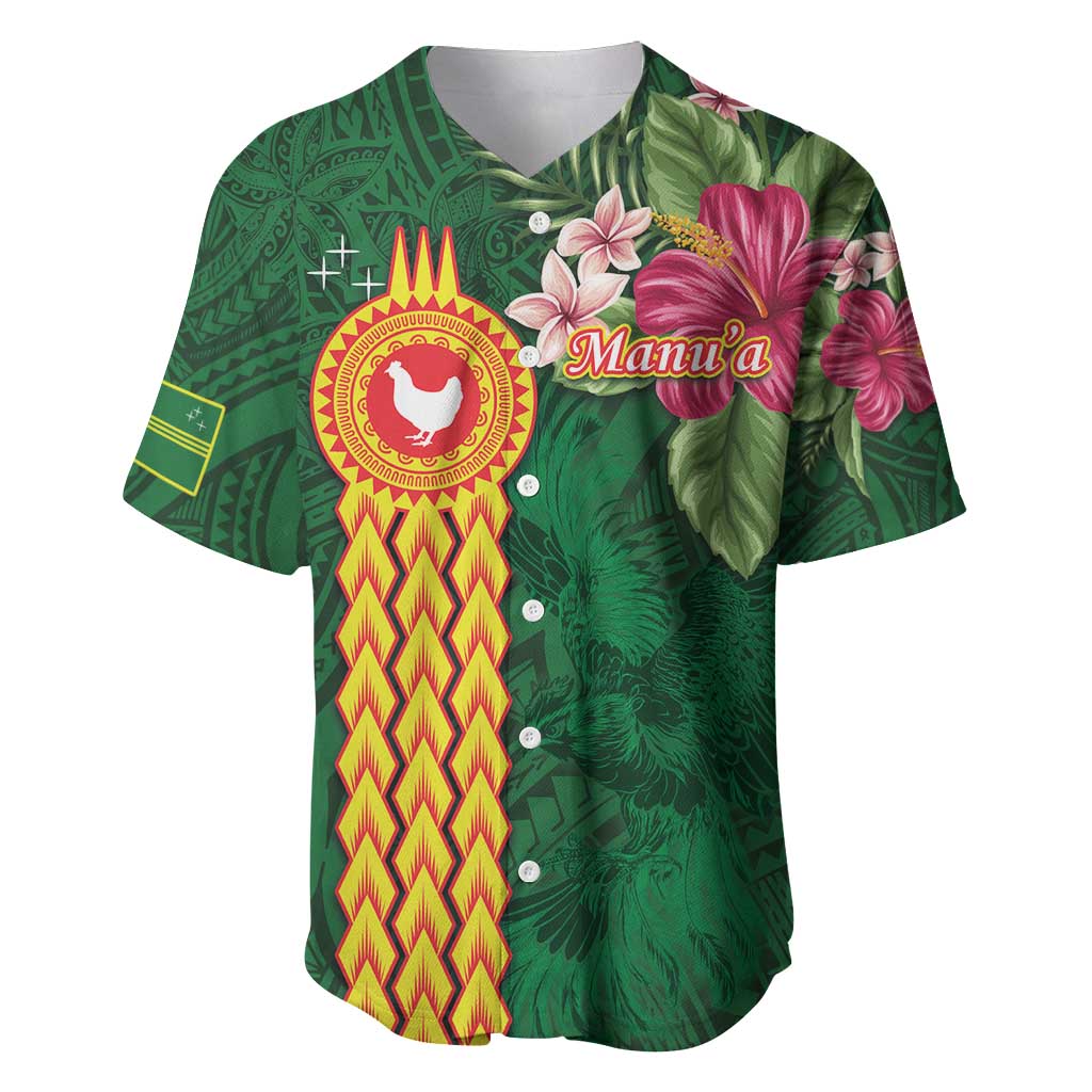 Personalised Manuʻa Islands Baseball Jersey Polynesian Style with Rooster Tattoo and Tropical Plants LT03 Green - Polynesian Pride